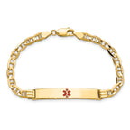 14K Medical Solid Chain/Solid Plate 37x6mm Centered Red Enamel Anchor Link 7 inch ID Bracelet