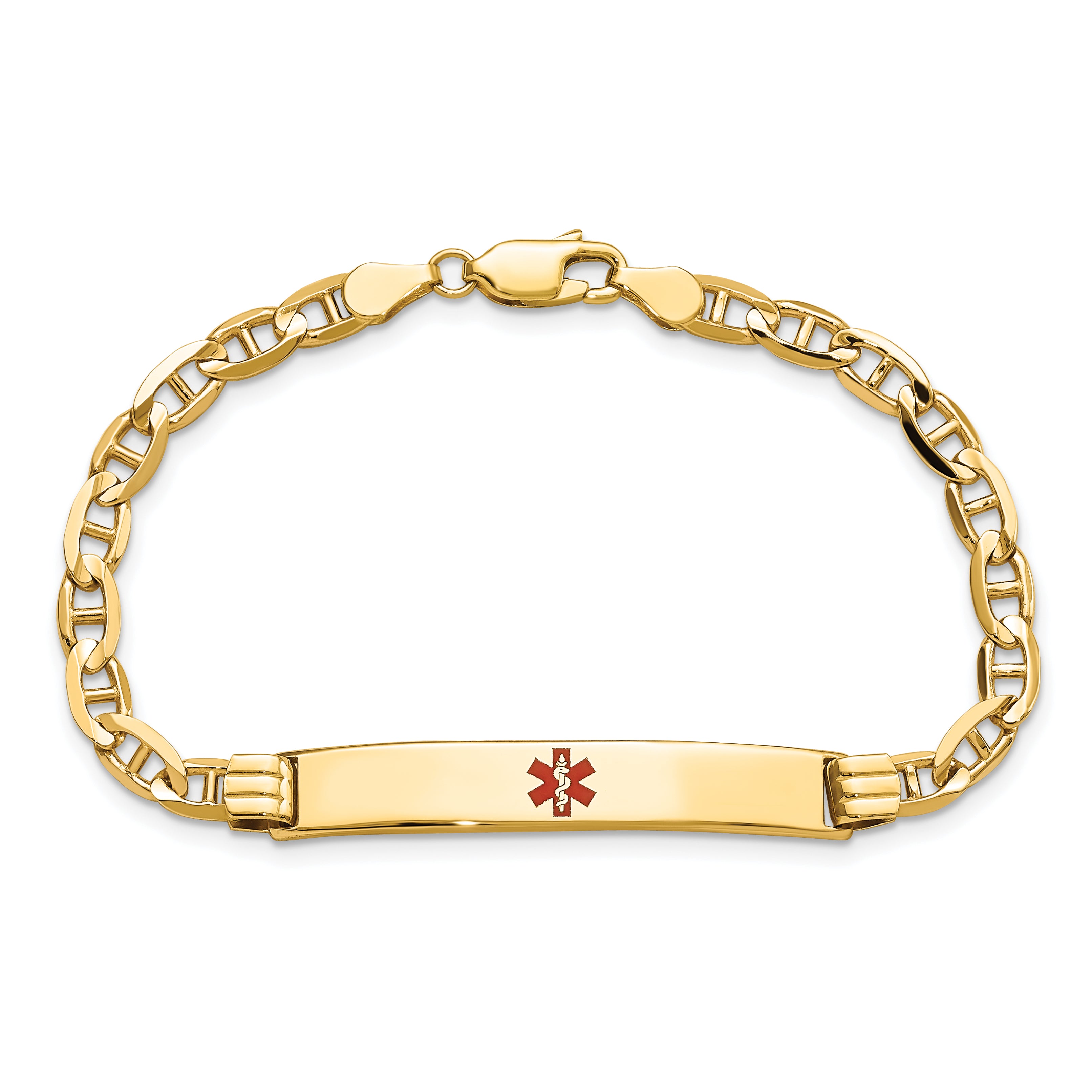 14K Medical Solid Chain/Solid Plate 37x6mm Centered Red Enamel Anchor Link 8 inch ID Bracelet
