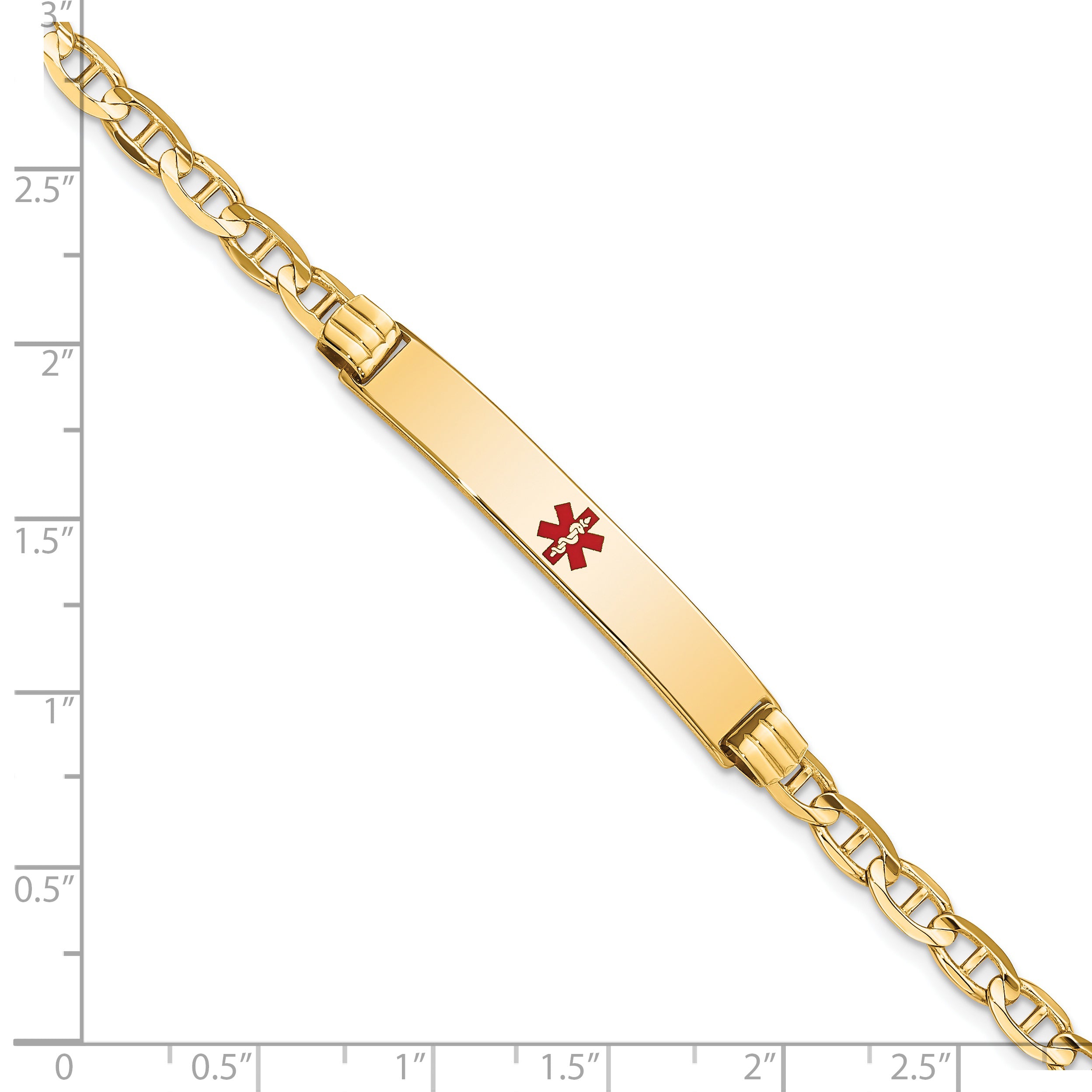 14K Medical Solid Chain/Solid Plate 37x6mm Centered Red Enamel Anchor Link 7 inch ID Bracelet