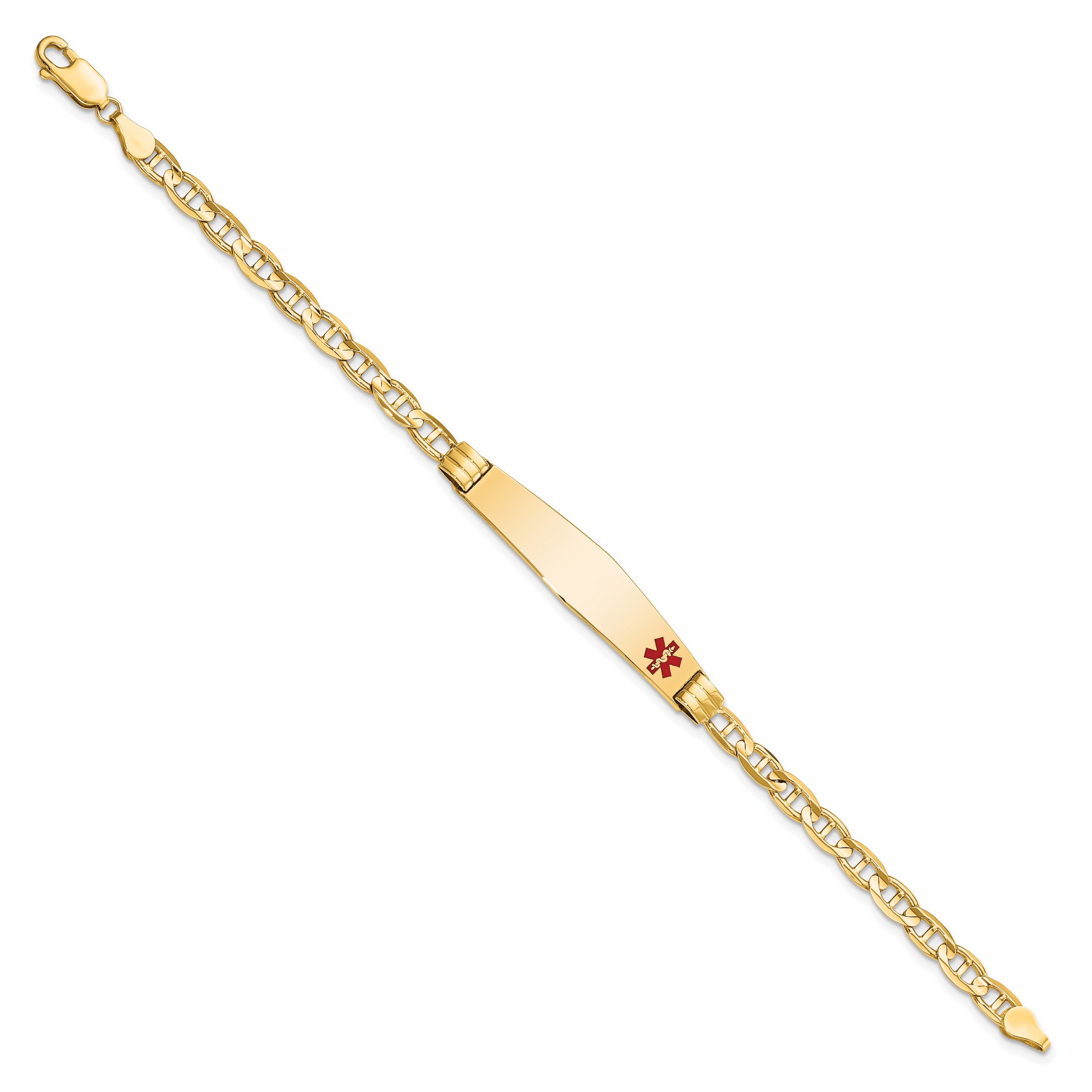 14K Medical Solid Chain/Solid Plate Soft Diamond Shape 36x9mm Off-Center Red Enamel Anchor Link 7 inch ID Bracelet