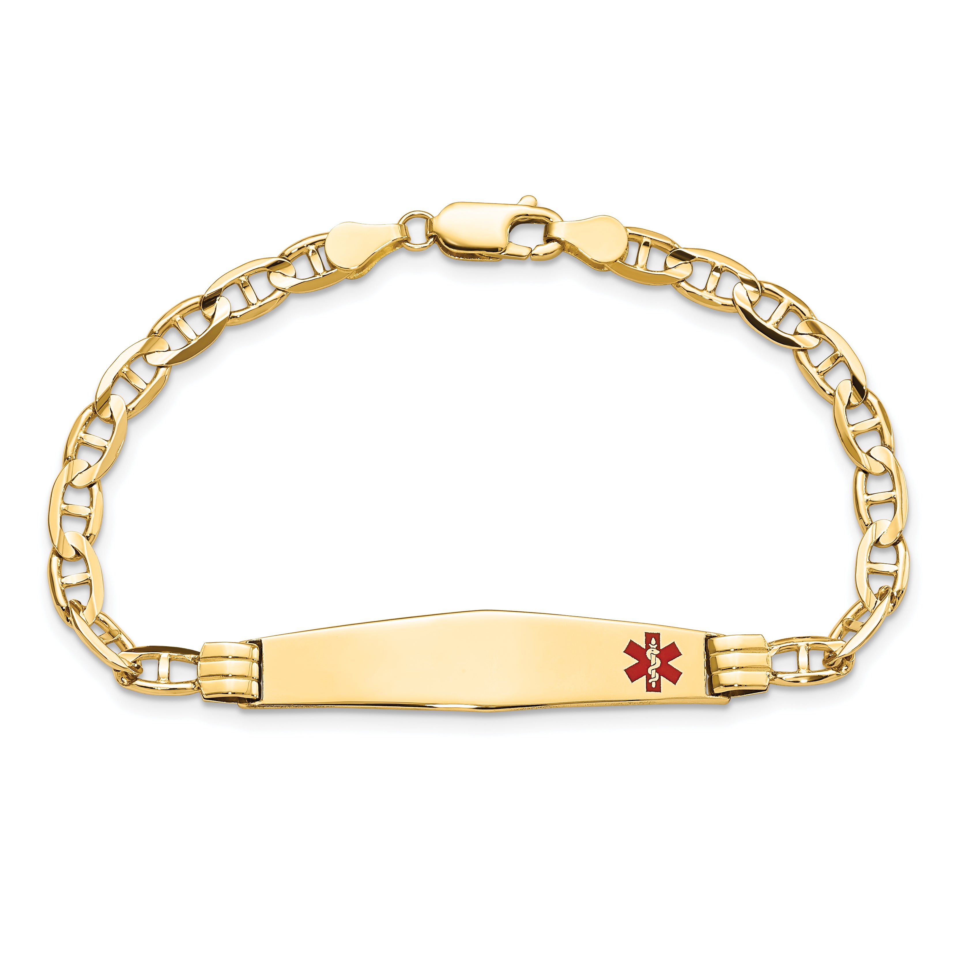 14K Medical Solid Chain/Solid Plate Soft Diamond Shape 36x9mm Off-Center Red Enamel Anchor Link 7 inch ID Bracelet