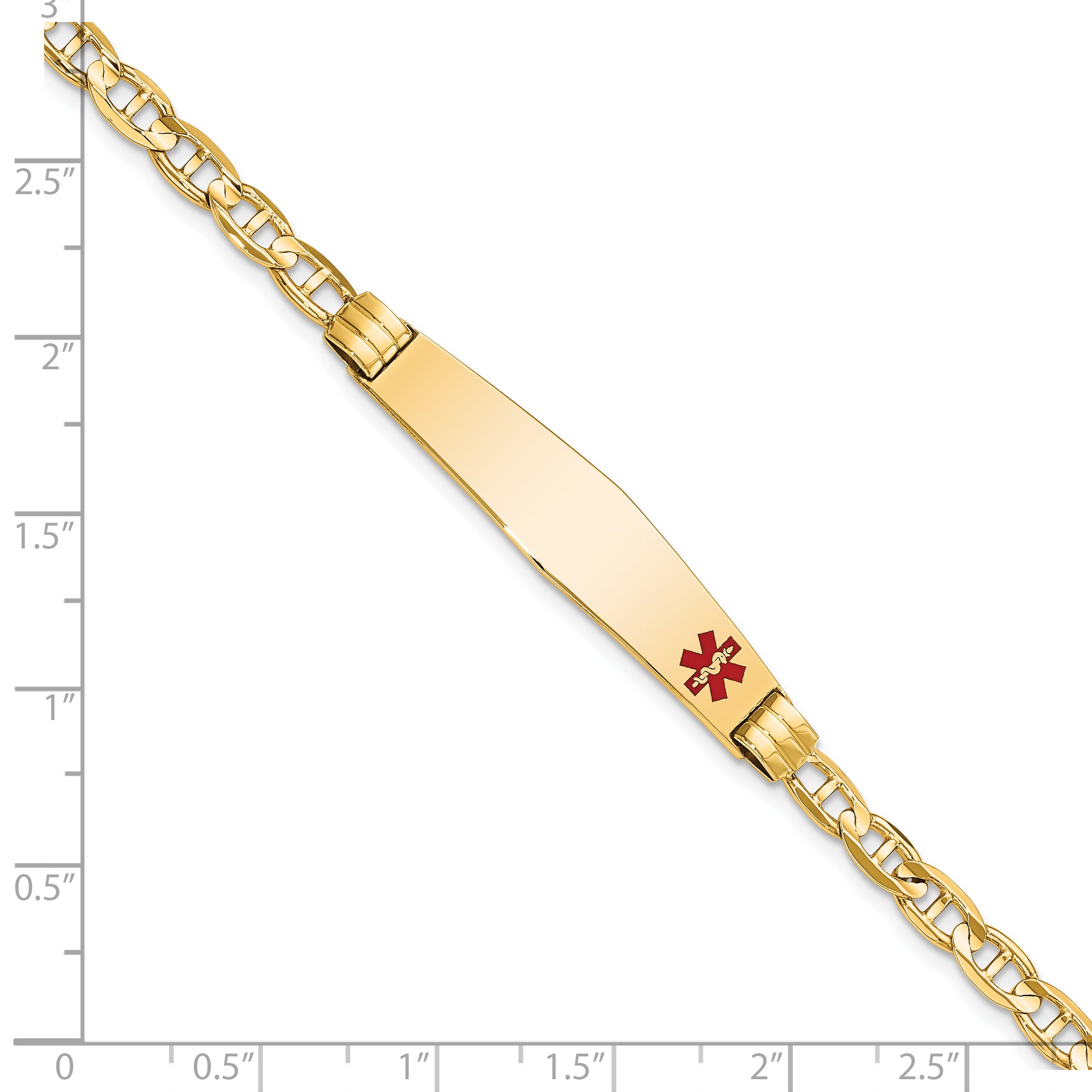 14K Medical Solid Chain/Solid Plate Soft Diamond Shape 36x9mm Off-Center Red Enamel Anchor Link 7 inch ID Bracelet