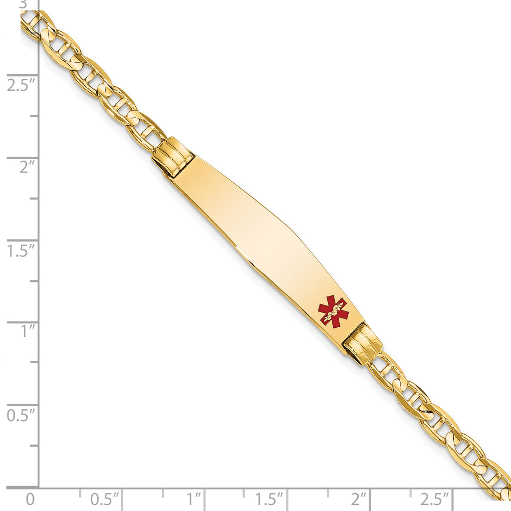 14K Medical Solid Chain/Solid Plate Soft Diamond Shape 36x9mm Off-Center Red Enamel Anchor Link 7 inch ID Bracelet