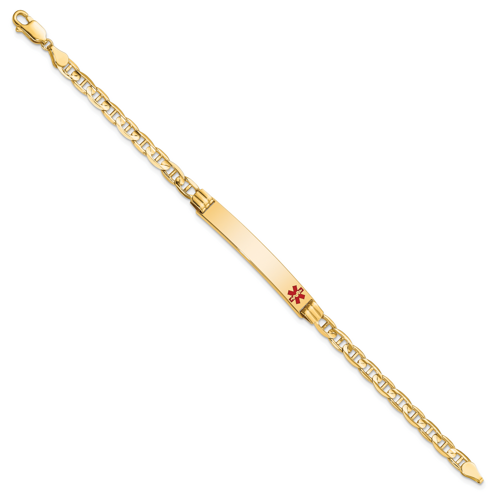 14K Medical Solid Chain/Solid Plate 37x6mm Off-Center Red Enamel Anchor Link 7 inch ID Bracelet