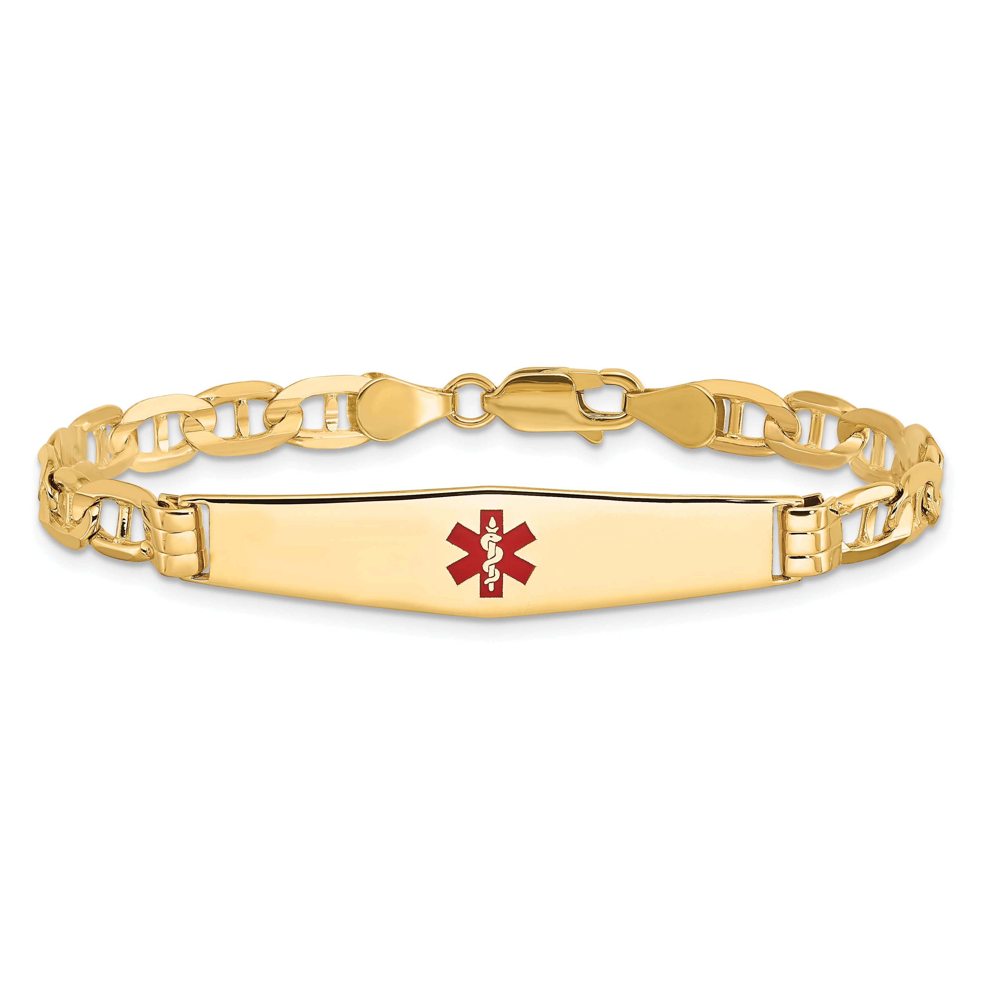 14K Medical Solid Chain/Solid Plate Soft Diamond Shape 36x9mm Centered Red Enamel Anchor Link 7 inch ID Bracelet