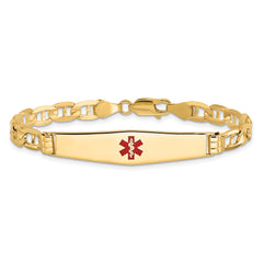 14K Medical Solid Chain/Solid Plate Soft Diamond Shape 36x9mm Centered Red Enamel Anchor Link 7 inch ID Bracelet