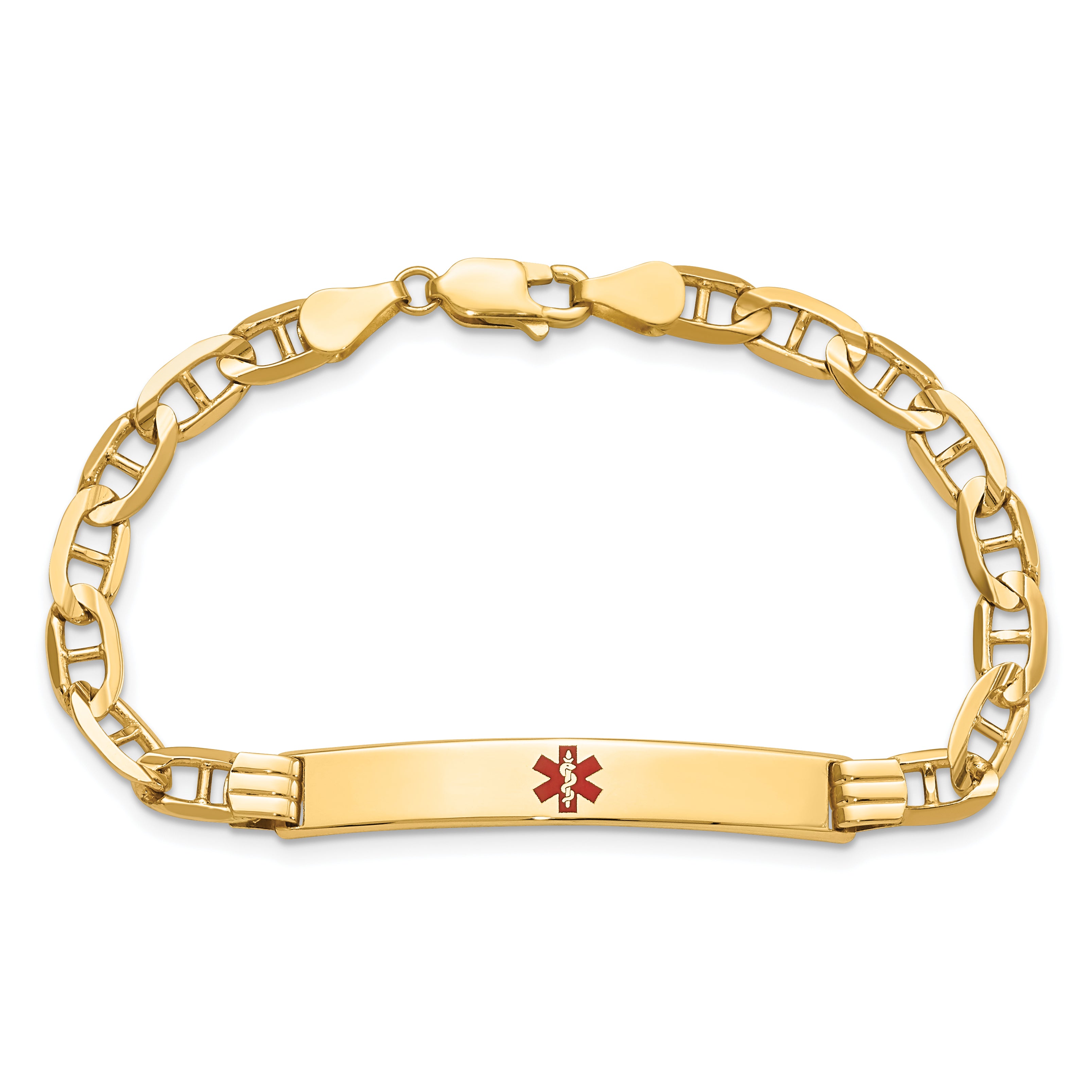 14K Medical Solid Chain/Solid Plate 37x6mm Centered Red Enamel Anchor Link 7 inch ID Bracelet