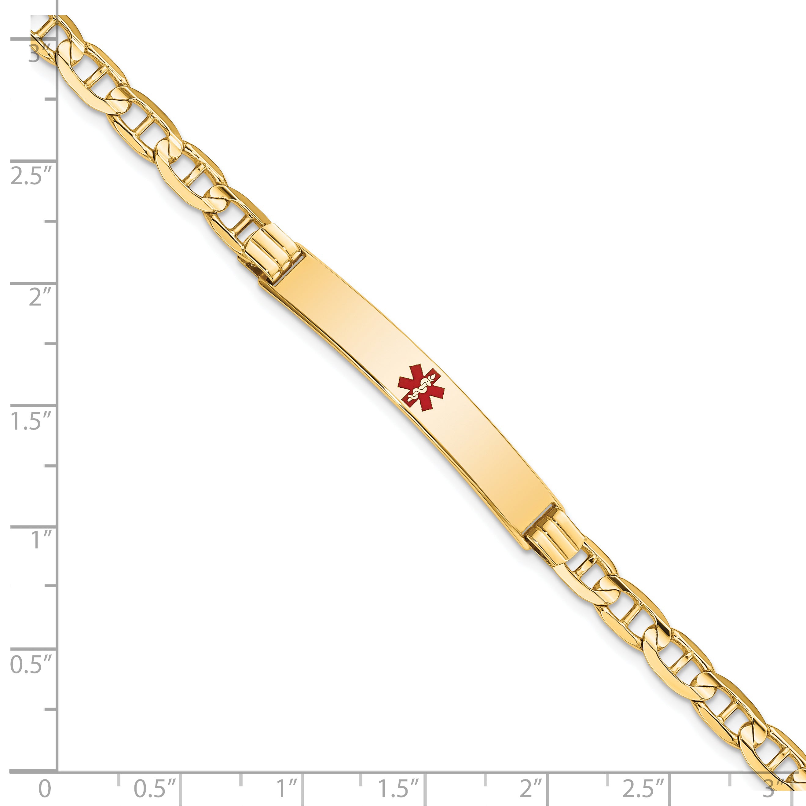 14K Medical Solid Chain/Solid Plate 37x6mm Centered Red Enamel Anchor Link 7 inch ID Bracelet