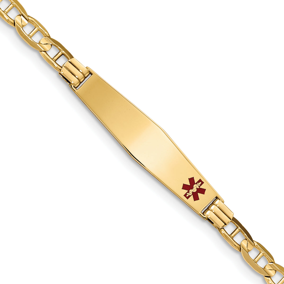 14K Medical Solid Chain/Solid Plate Soft Diamond Shape 37x9mm Off-Center Red Enamel Anchor Link 7 inch ID Bracelet