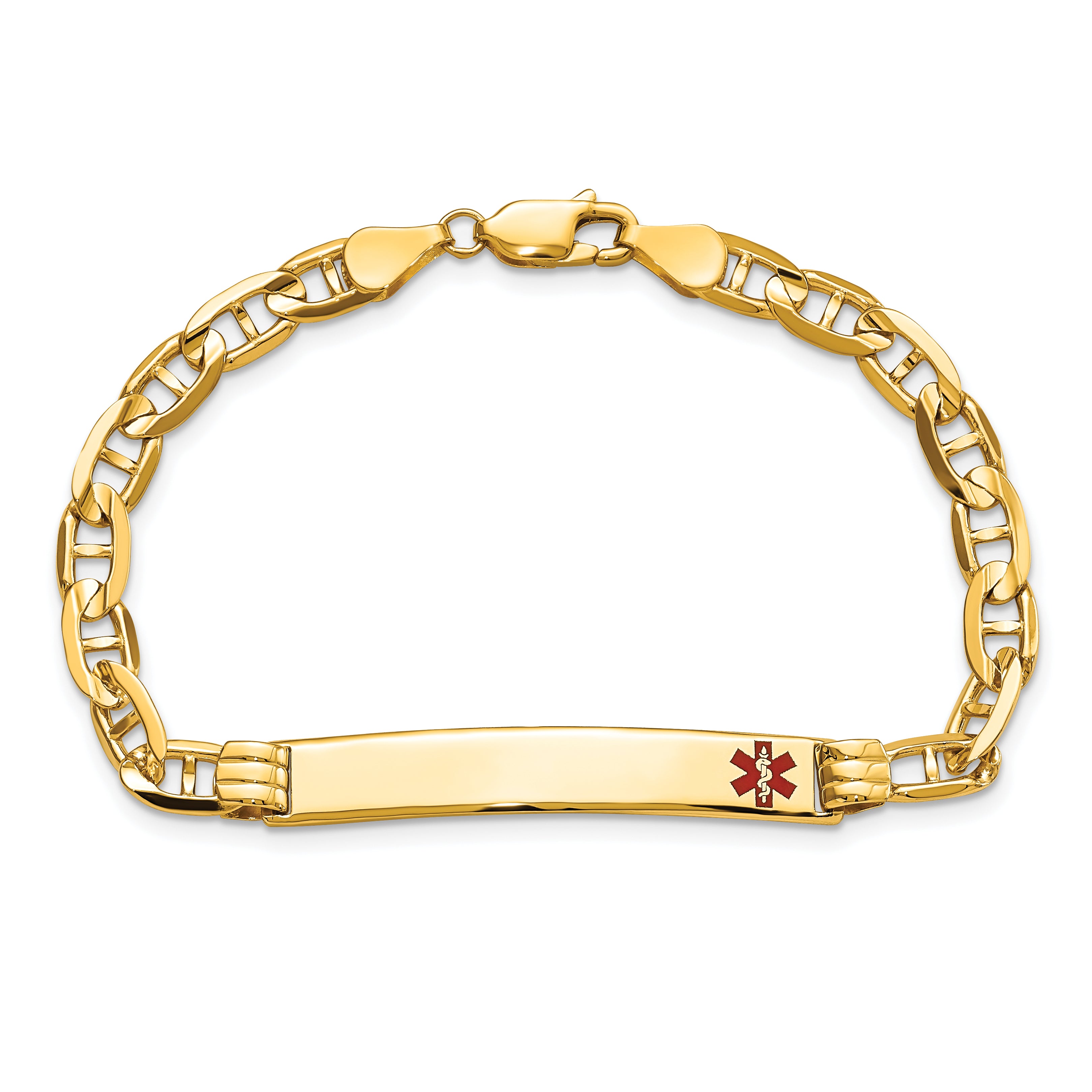 14K Medical Solid Chain/Solid Plate 37x6mm Off-Center Red Enamel Anchor Link 7 inch ID Bracelet