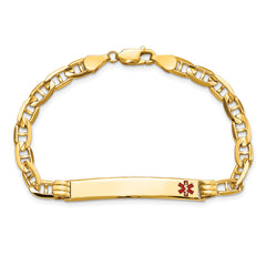 14K Medical Solid Chain/Solid Plate 37x6mm Off-Center Red Enamel Anchor Link 7 inch ID Bracelet