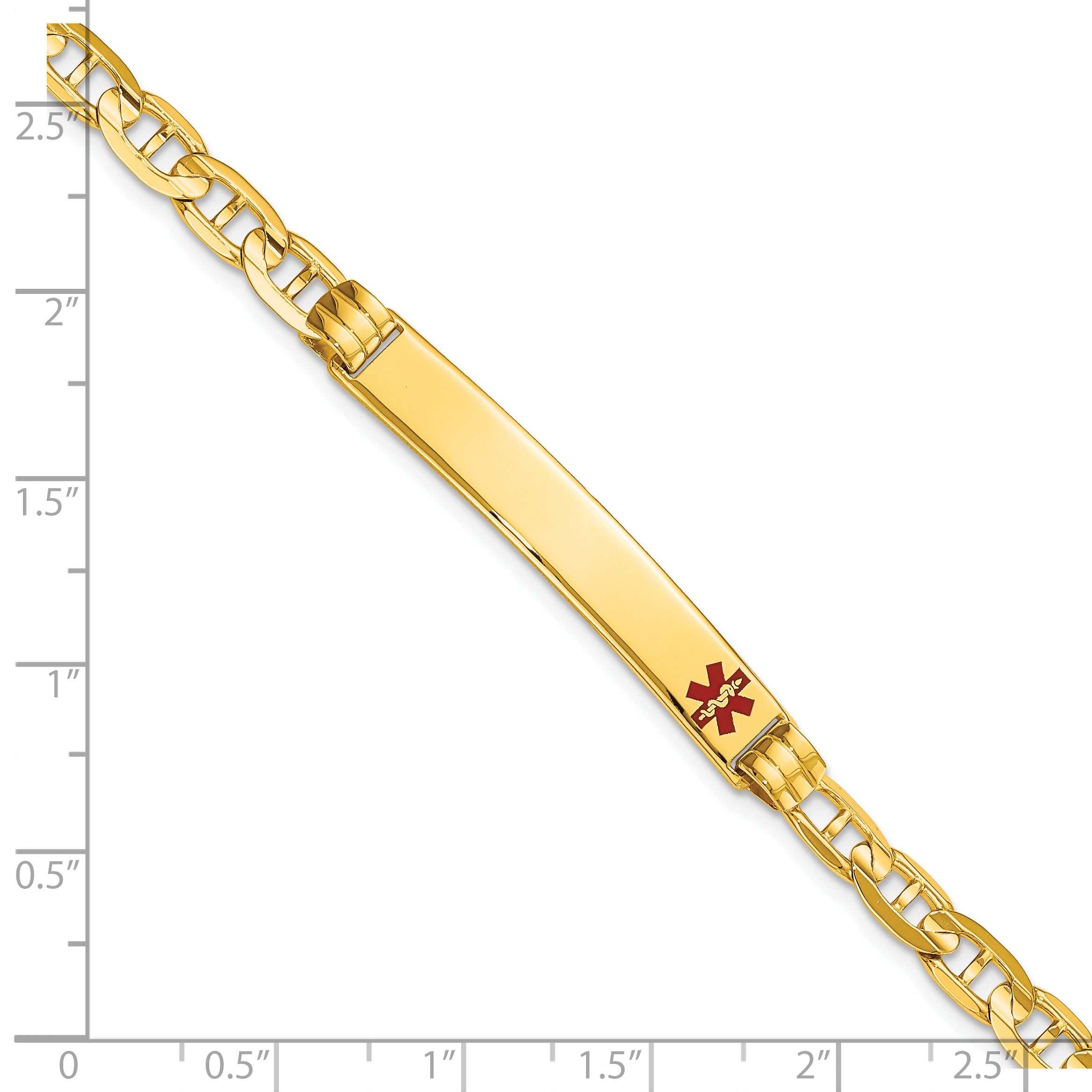 14K Medical Solid Chain/Solid Plate 37x6mm Off-Center Red Enamel Anchor Link 7 inch ID Bracelet