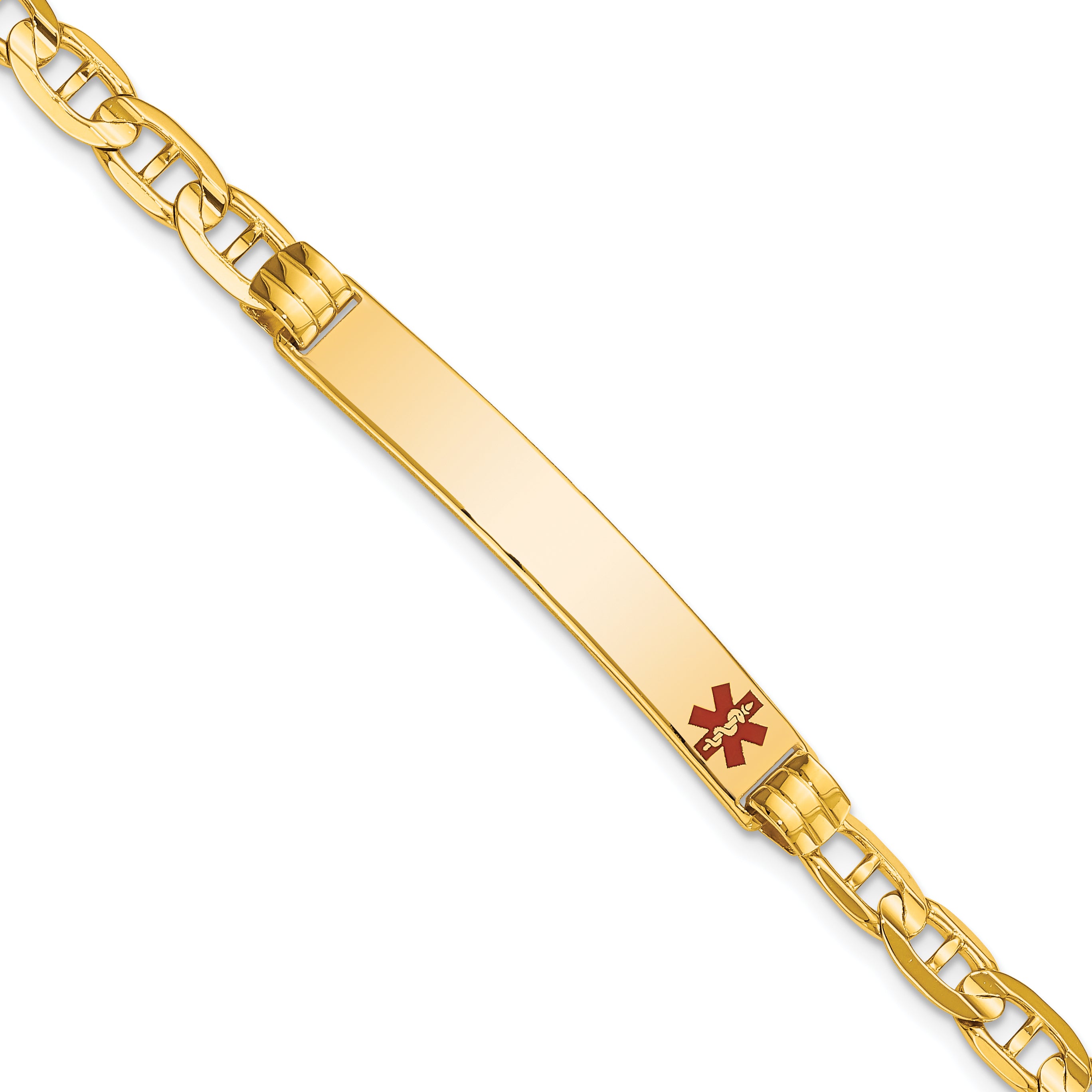 14K Medical Solid Chain/Solid Plate 37x6mm Off-Center Red Enamel Anchor Link 7 inch ID Bracelet