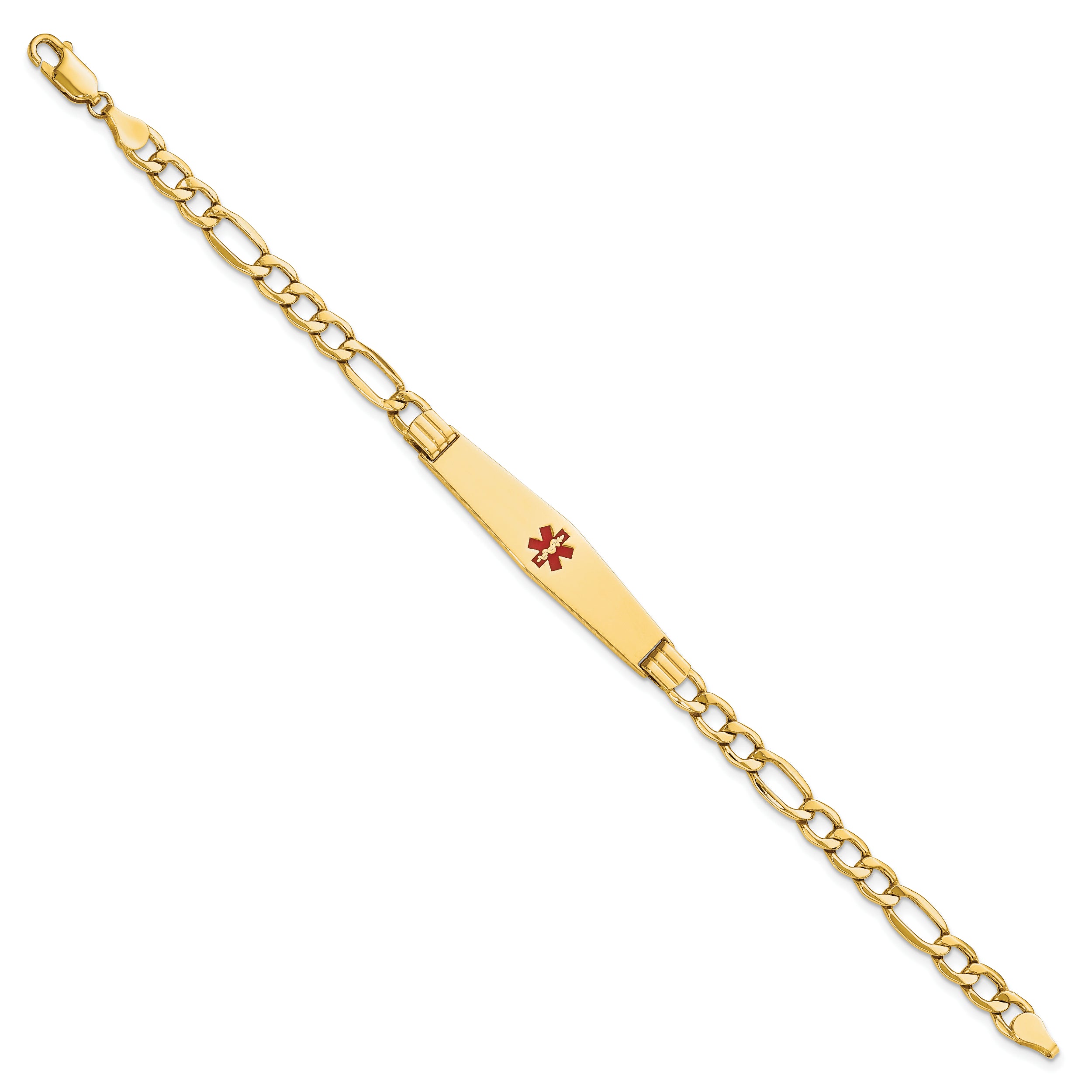 14K Medical Semi-Solid Chain/Solid Plate Soft Diamond Shape 37x9mm Centered Red Enamel Figaro Link 7 inch ID Bracelet