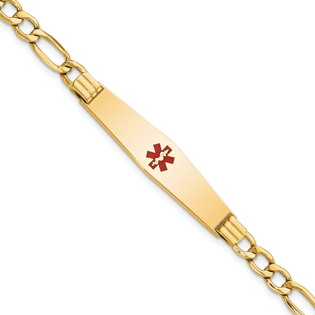 14K Medical Semi-Solid Chain/Solid Plate Soft Diamond Shape 37x9mm Centered Red Enamel Figaro Link 8 inch ID Bracelet