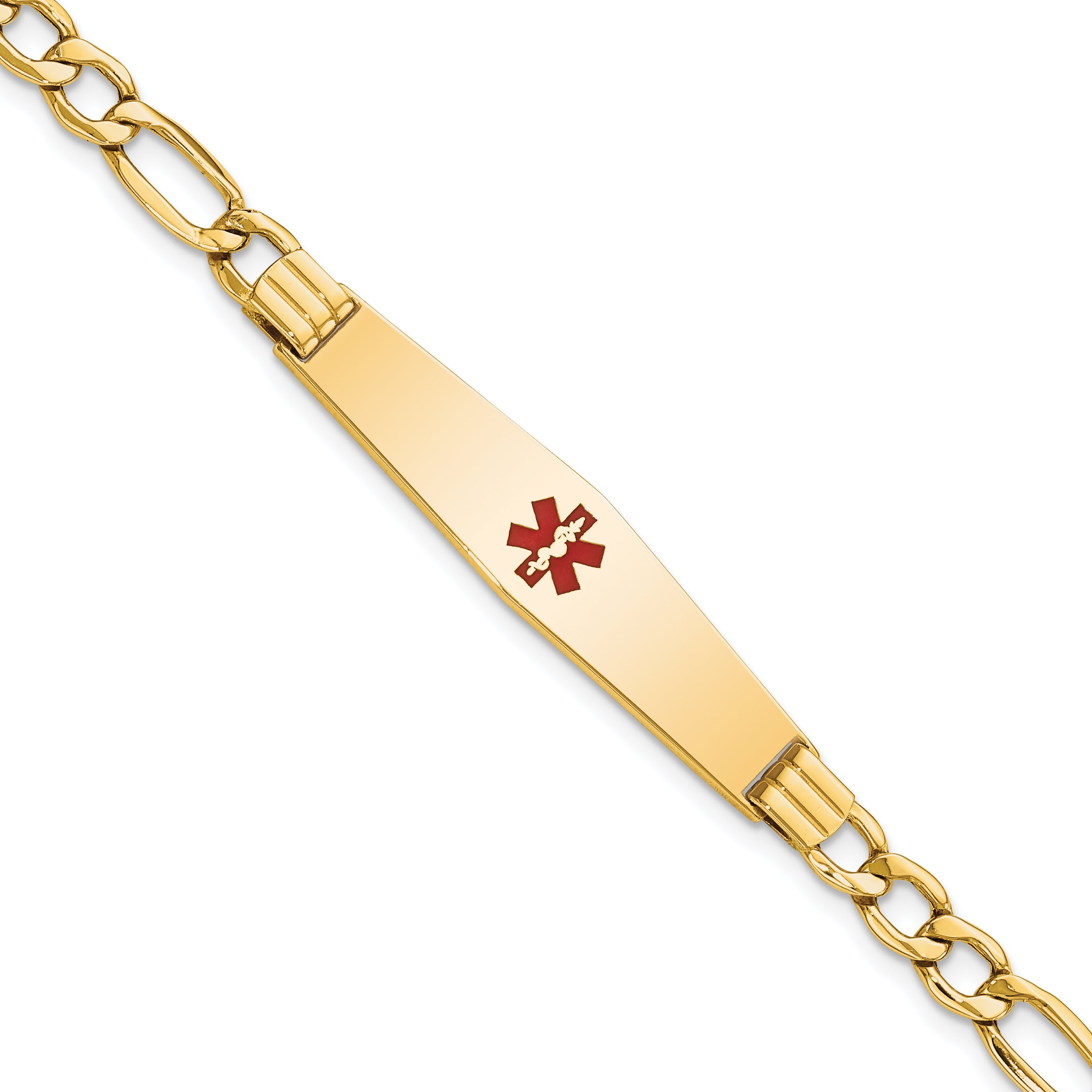 14K Medical Semi-Solid Chain/Solid Plate Soft Diamond Shape 37x9mm Centered Red Enamel Figaro Link 8 inch ID Bracelet