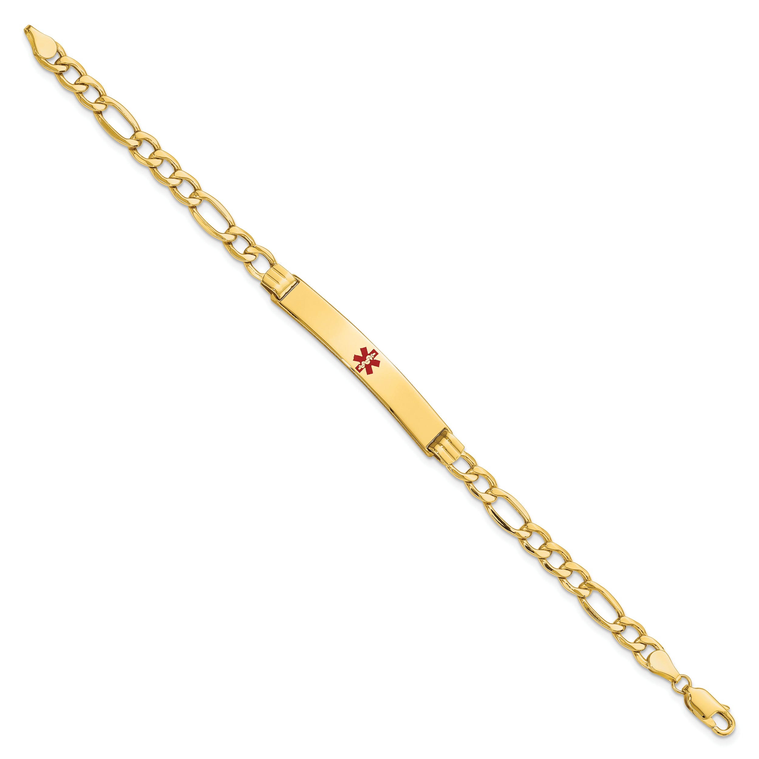 14K Medical Semi-Solid Chain/Solid Plate 37x6mm Centered Red Enamel Figaro Link 7 inch ID Bracelet