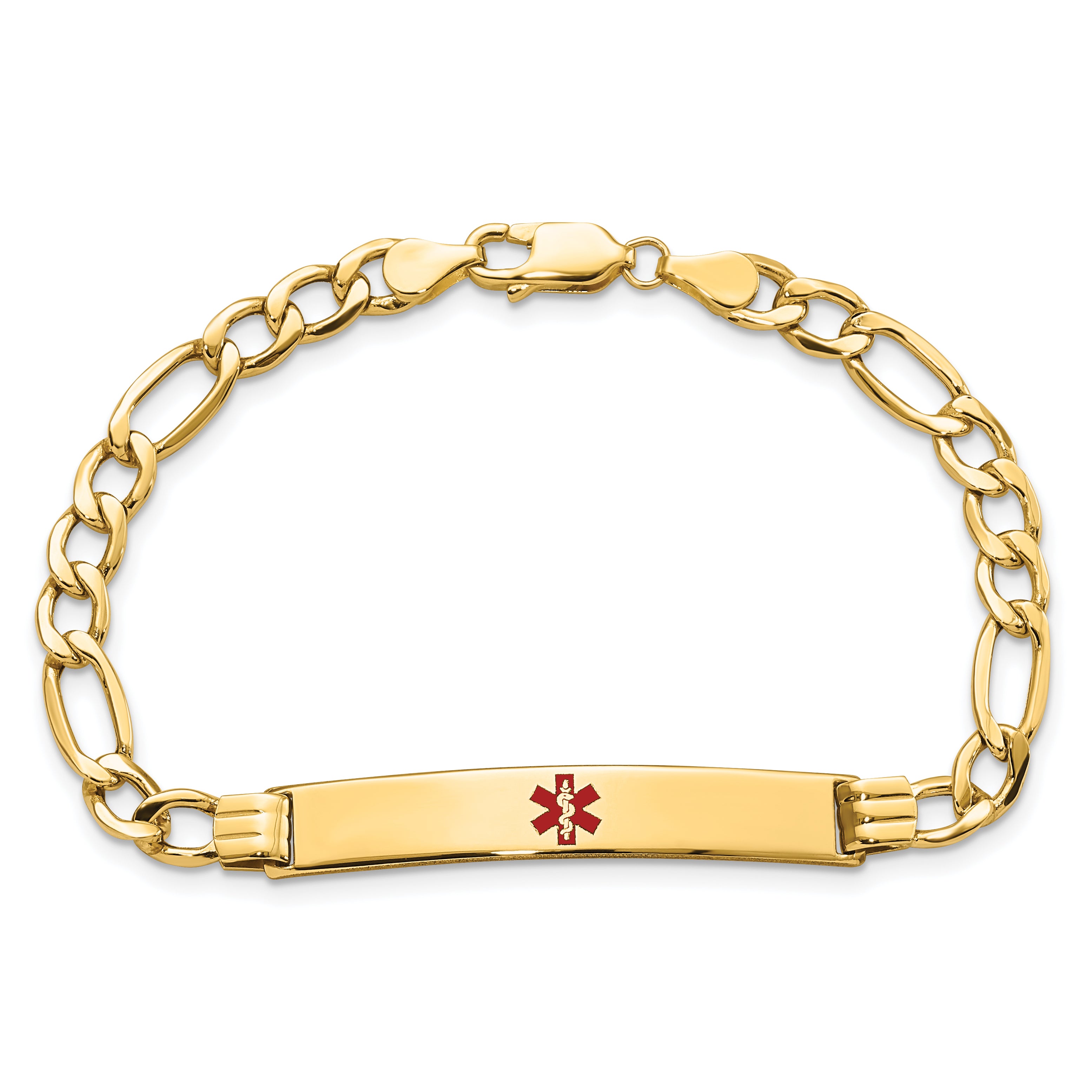 14K Medical Semi-Solid Chain/Solid Plate 37x6mm Centered Red Enamel Figaro Link 7 inch ID Bracelet