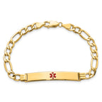 14K Medical Semi-Solid Chain/Solid Plate 37x6mm Centered Red Enamel Figaro Link 8 inch ID Bracelet