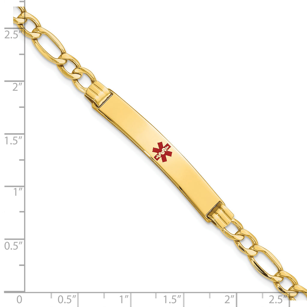 14K Medical Semi-Solid Chain/Solid Plate 37x6mm Centered Red Enamel Figaro Link 7 inch ID Bracelet