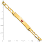 14K Medical Semi-Solid Chain/Solid Plate 37x6mm Centered Red Enamel Figaro Link 8 inch ID Bracelet