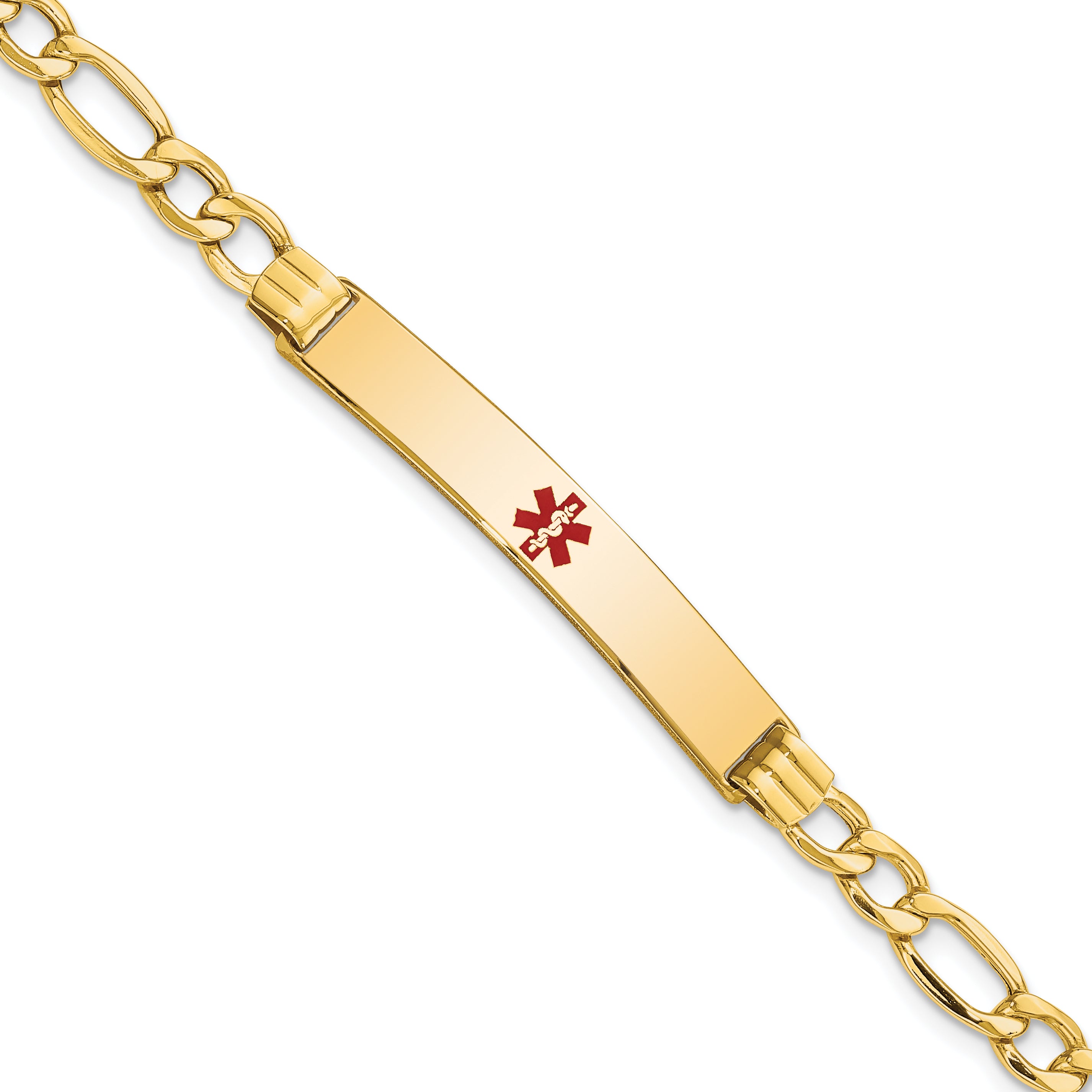14K Medical Semi-Solid Chain/Solid Plate 37x6mm Centered Red Enamel Figaro Link 8 inch ID Bracelet Main image