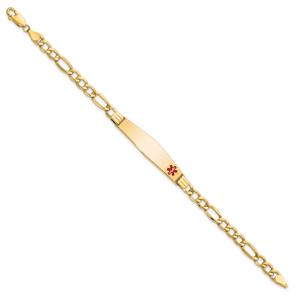 14K Medical Semi-Solid Chain/Solid Plate Soft Diamond Shape 37x9mm Off-Center Red Enamel Figaro Link 7 inch ID Bracelet