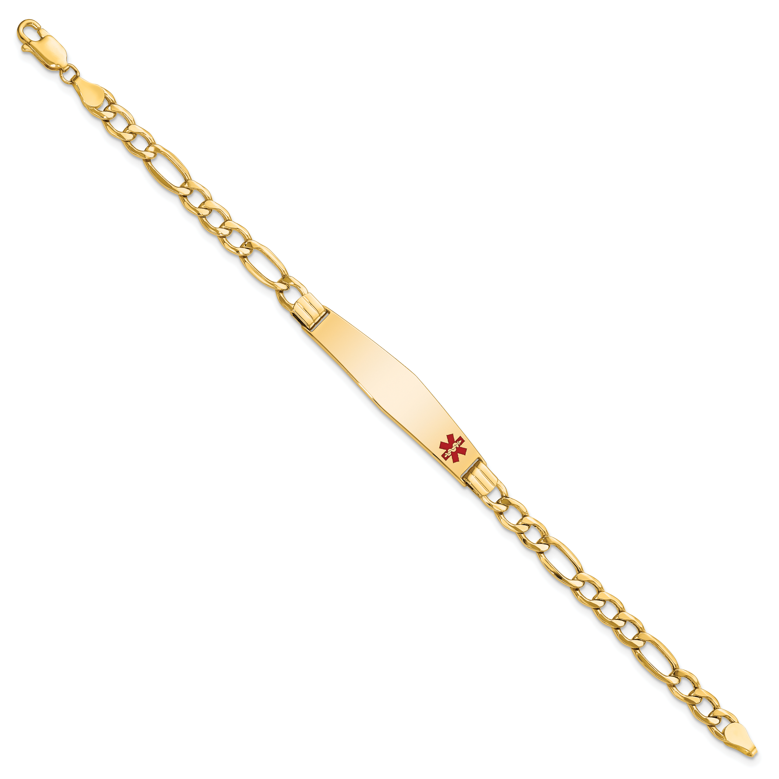 14K Medical Semi-Solid Chain/Solid Plate Soft Diamond Shape 37x9mm Off-Center Red Enamel Figaro Link 7 inch ID Bracelet