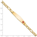 14K Medical Semi-Solid Chain/Solid Plate Soft Diamond Shape 37x9mm Off-Center Red Enamel Figaro Link 7 inch ID Bracelet