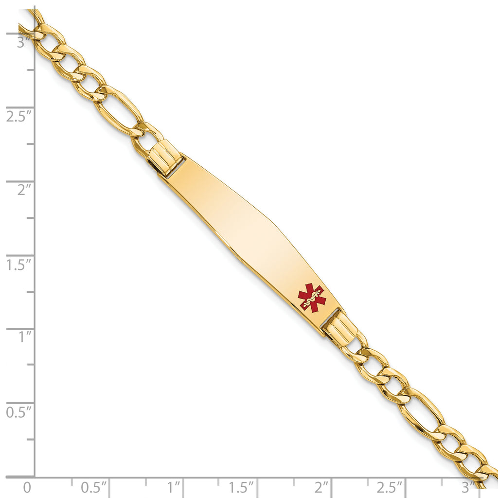 14K Medical Semi-Solid Chain/Solid Plate Soft Diamond Shape 37x9mm Off-Center Red Enamel Figaro Link 8 inch ID Bracelet
