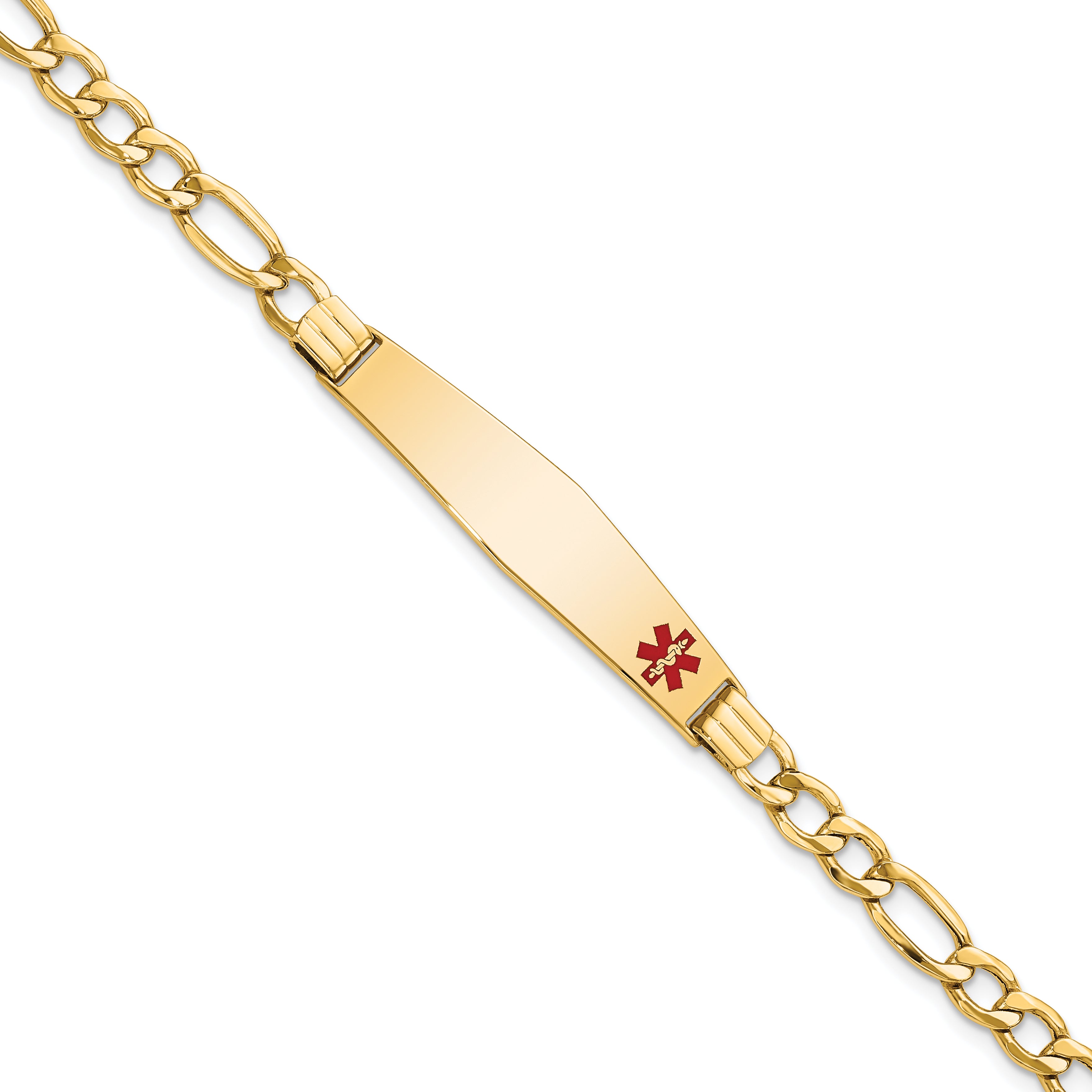14K Medical Semi-Solid Chain/Solid Plate Soft Diamond Shape 37x9mm Off-Center Red Enamel Figaro Link 7 inch ID Bracelet