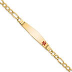 14K Medical Semi-Solid Chain/Solid Plate Soft Diamond Shape 37x9mm Off-Center Red Enamel Figaro Link 8 inch ID Bracelet
