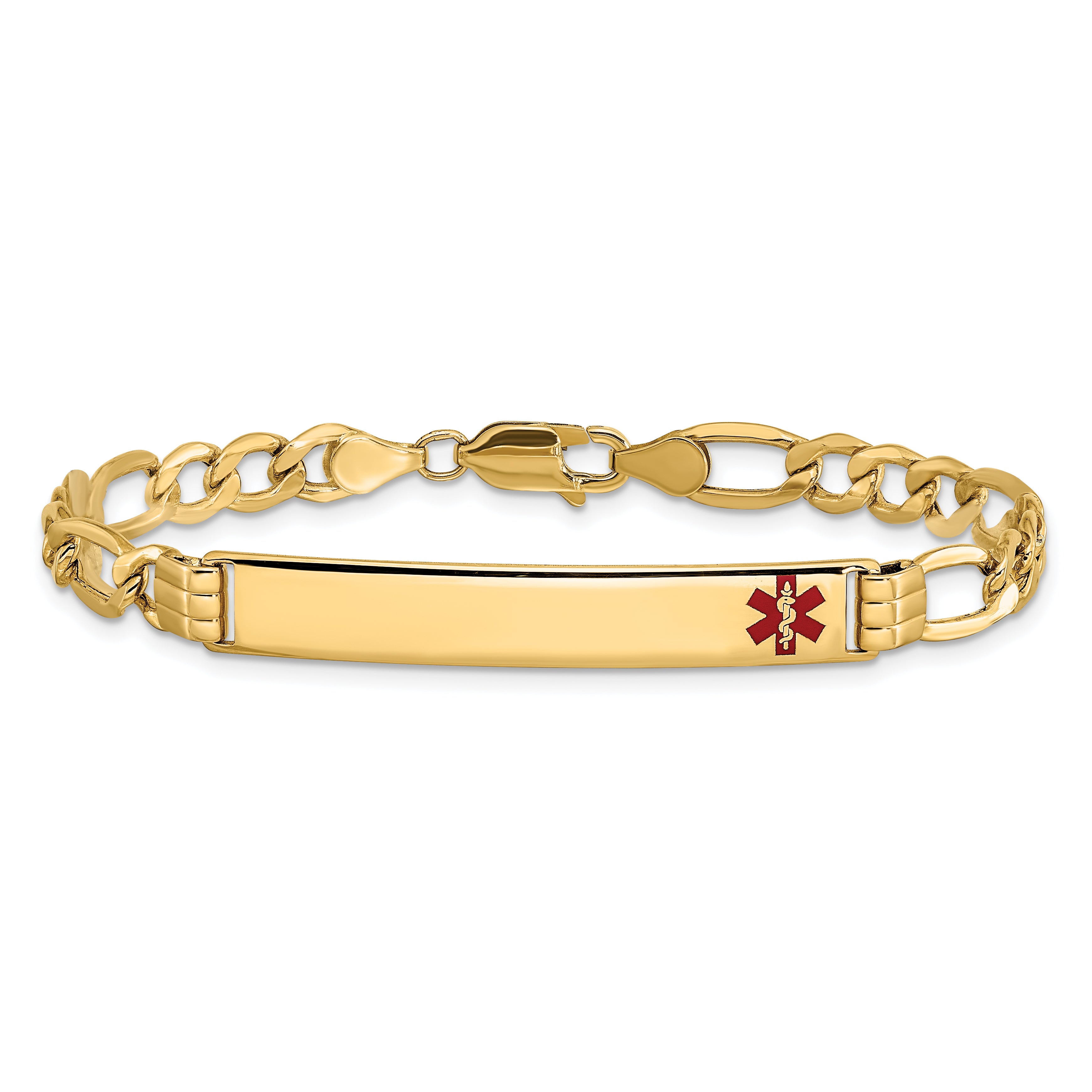 14K Medical Semi-Solid Chain/Solid Plate 37x6mm Off-Center Red Enamel Figaro Link 7 inch ID Bracelet