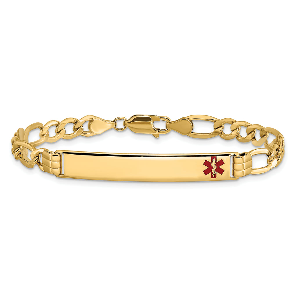 14K Medical Semi-Solid Chain/Solid Plate 37x6mm Off-Center Red Enamel Figaro Link 8 inch ID Bracelet