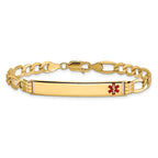 14K Medical Semi-Solid Chain/Solid Plate 37x6mm Off-Center Red Enamel Figaro Link 8 inch ID Bracelet