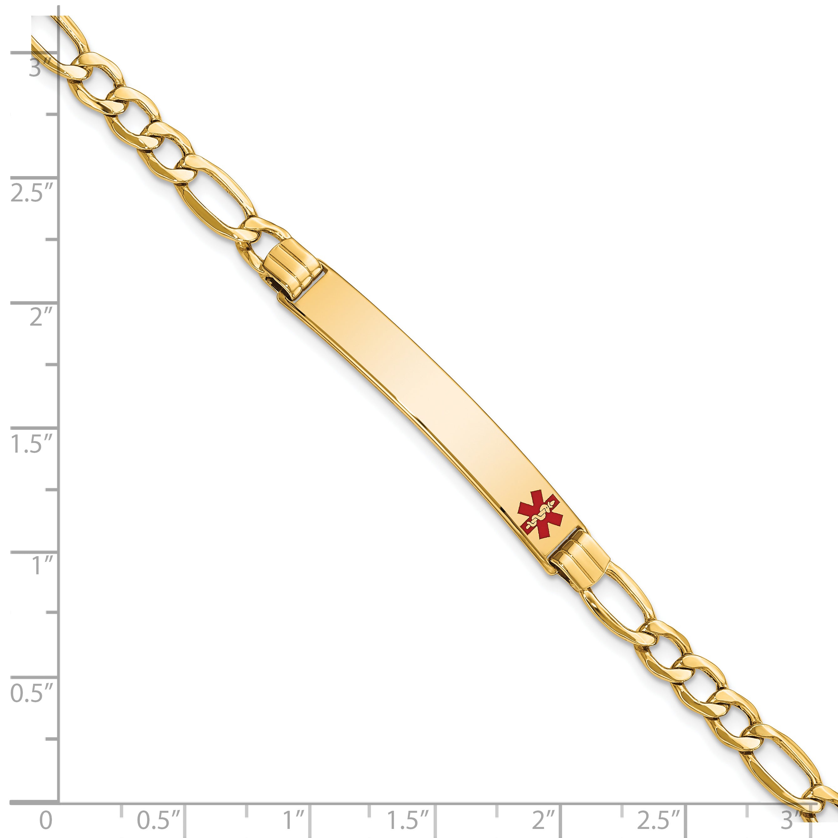 14K Medical Semi-Solid Chain/Solid Plate 37x6mm Off-Center Red Enamel Figaro Link 7 inch ID Bracelet