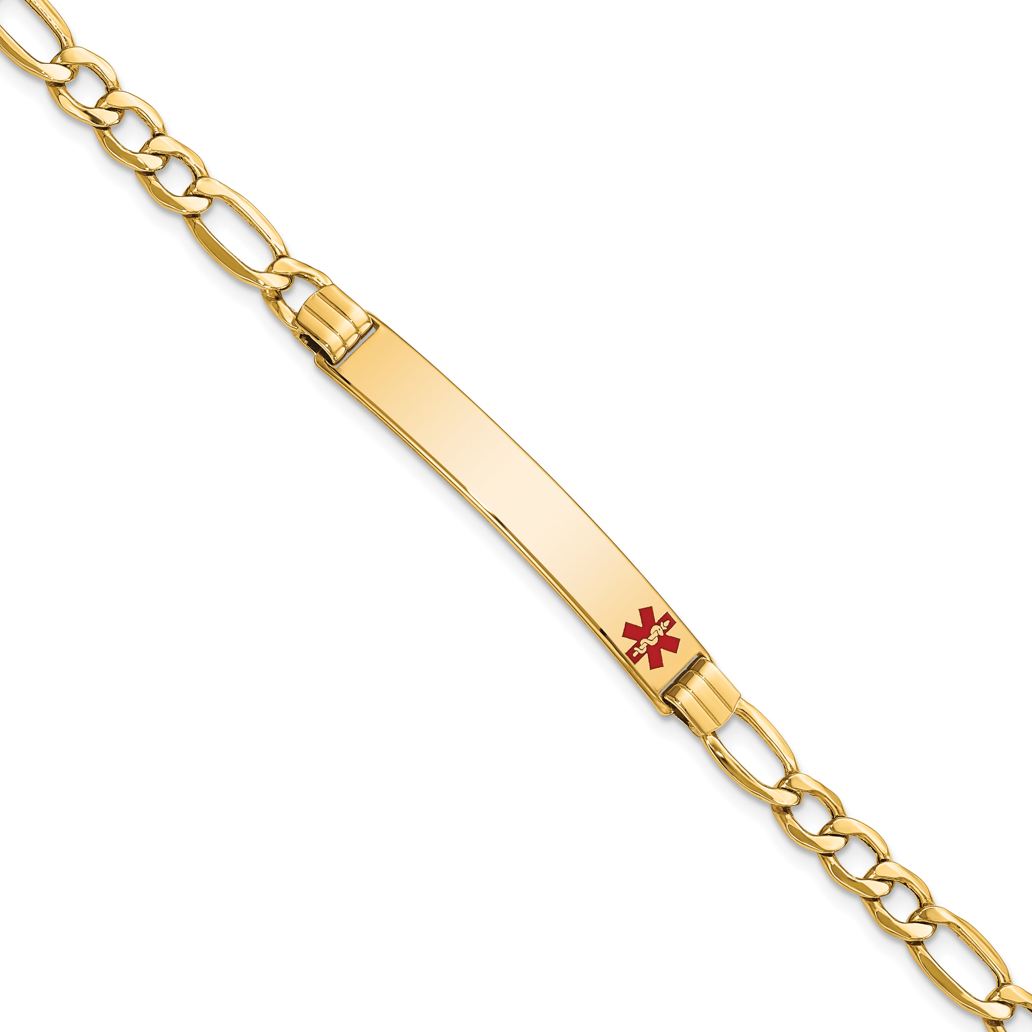 14K Medical Semi-Solid Chain/Solid Plate 37x6mm Off-Center Red Enamel Figaro Link 7 inch ID Bracelet