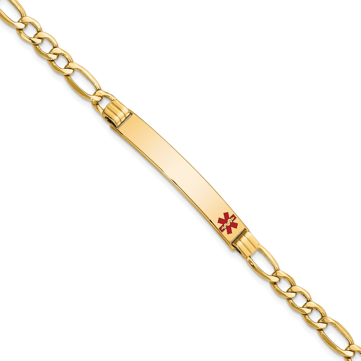 14K Medical Semi-Solid Chain/Solid Plate 37x6mm Off-Center Red Enamel Figaro Link 7 inch ID Bracelet