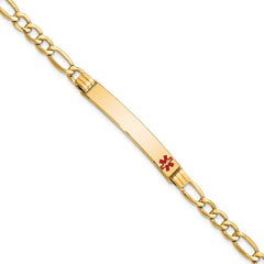 14K Medical Semi-Solid Chain/Solid Plate 37x6mm Off-Center Red Enamel Figaro Link 7 inch ID Bracelet