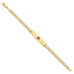 14K Medical Semi-Solid Chain/Solid Plate Soft Diamond Shape 37x9mm Centered Red Enamel Curb Link 7 inch ID Bracelet