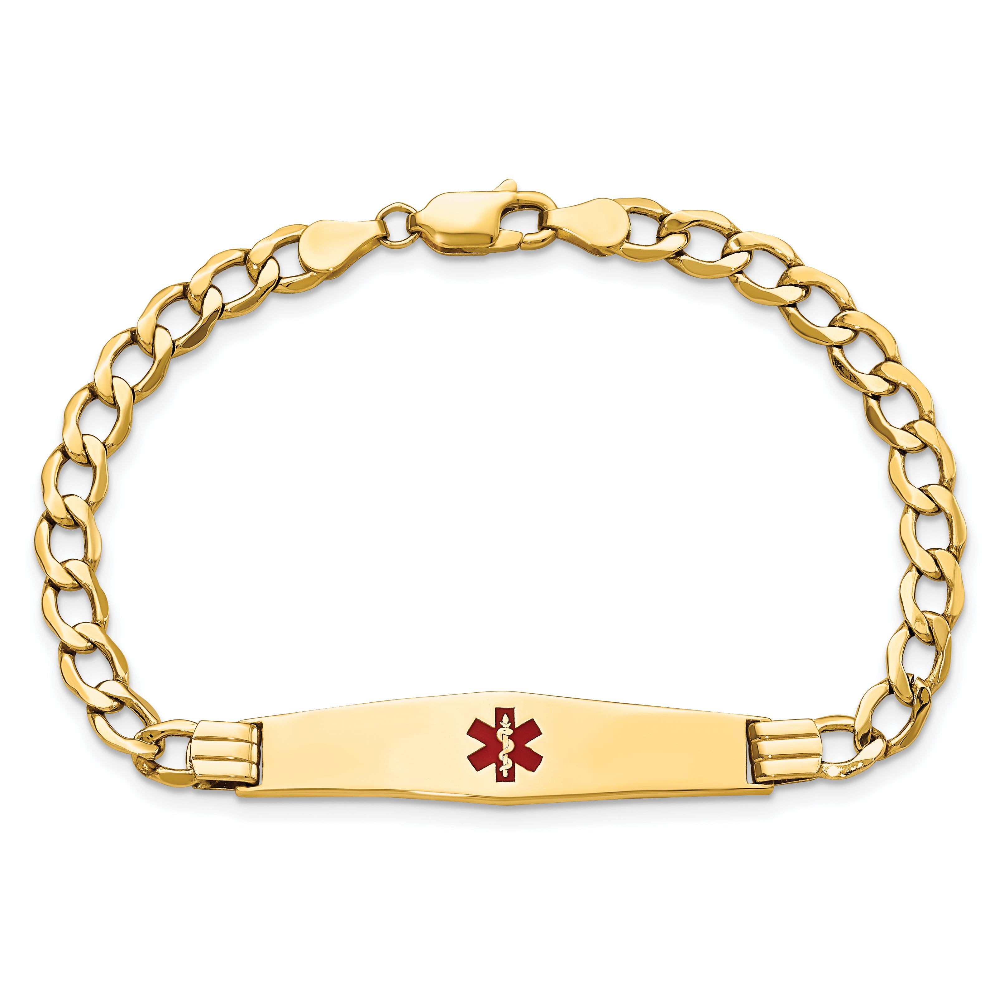 14K Medical Semi-Solid Chain/Solid Plate Soft Diamond Shape 37x9mm Centered Red Enamel Curb Link 7 inch ID Bracelet