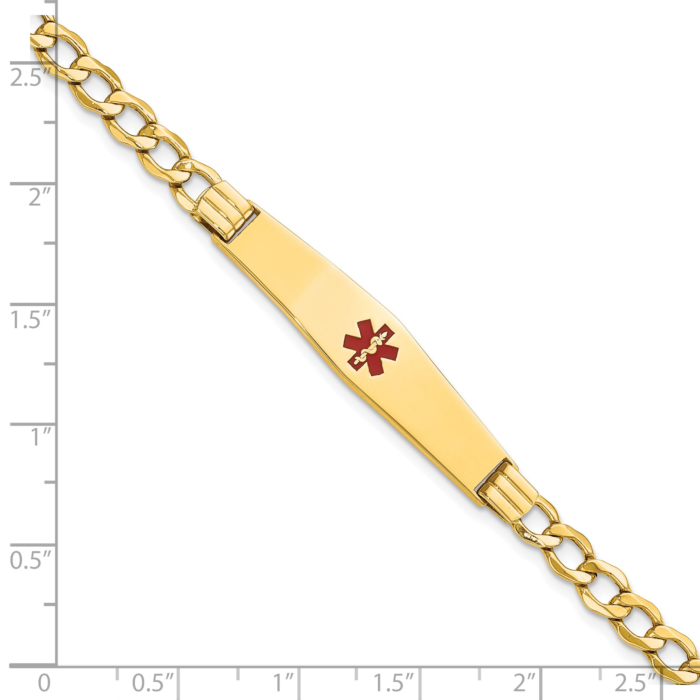 14K Medical Semi-Solid Chain/Solid Plate Soft Diamond Shape 37x9mm Centered Red Enamel Curb Link 7 inch ID Bracelet