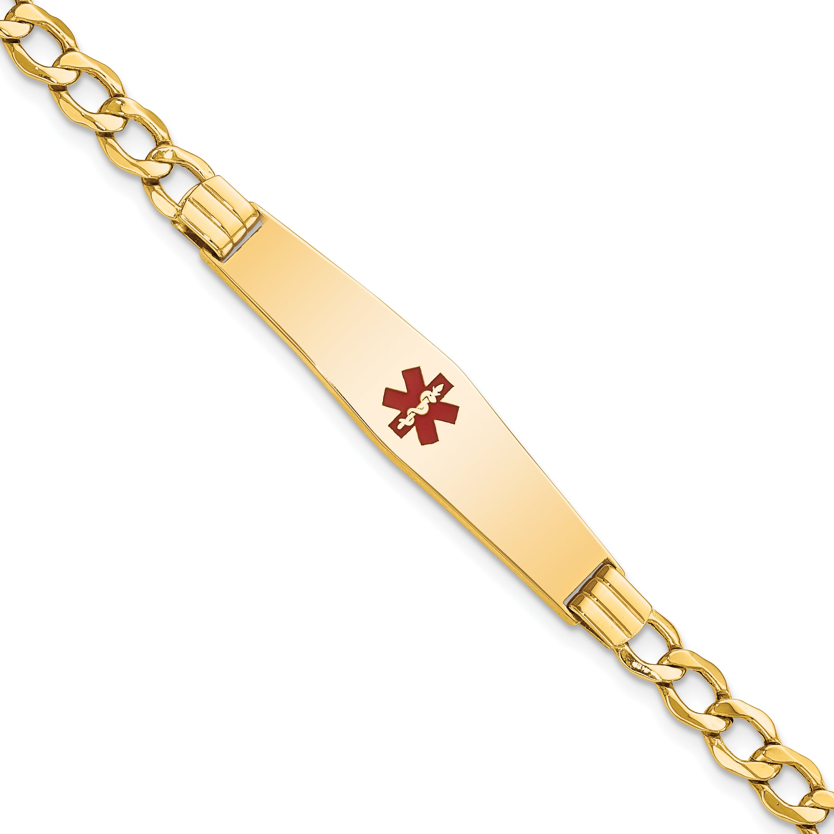 14K Medical Semi-Solid Chain/Solid Plate Soft Diamond Shape 37x9mm Centered Red Enamel Curb Link 7 inch ID Bracelet