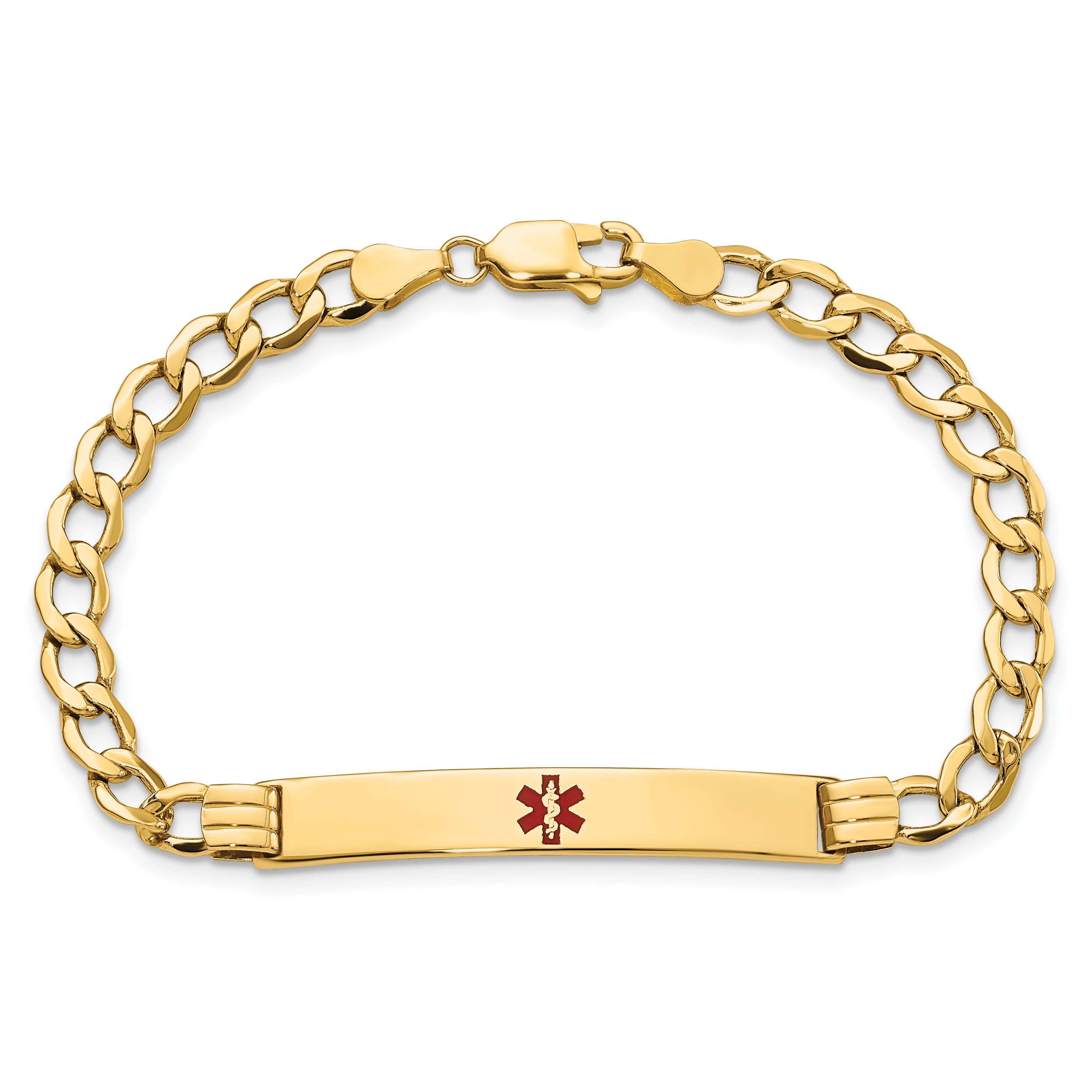 14K Medical Semi-Solid Chain/Solid Plate 37x6mm Centered Red Enamel Cuban Link 7 inch ID Bracelet