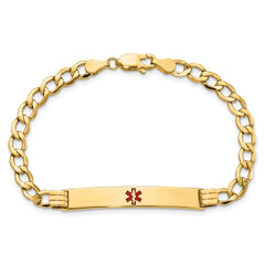 14K Medical Semi-Solid Chain/Solid Plate 37x6mm Centered Red Enamel Cuban Link 7 inch ID Bracelet