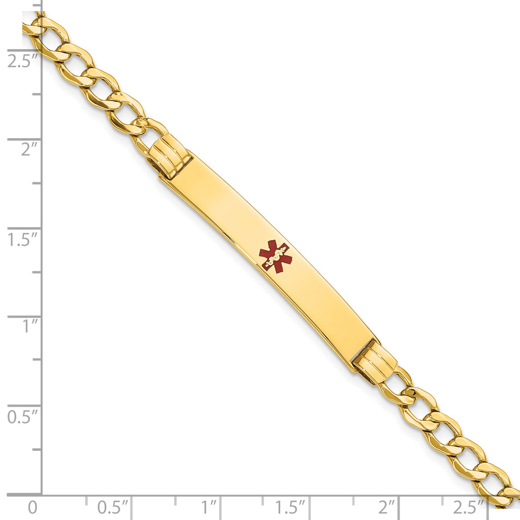 14K Medical Semi-Solid Chain/Solid Plate 37x6mm Centered Red Enamel Cuban Link 7 inch ID Bracelet