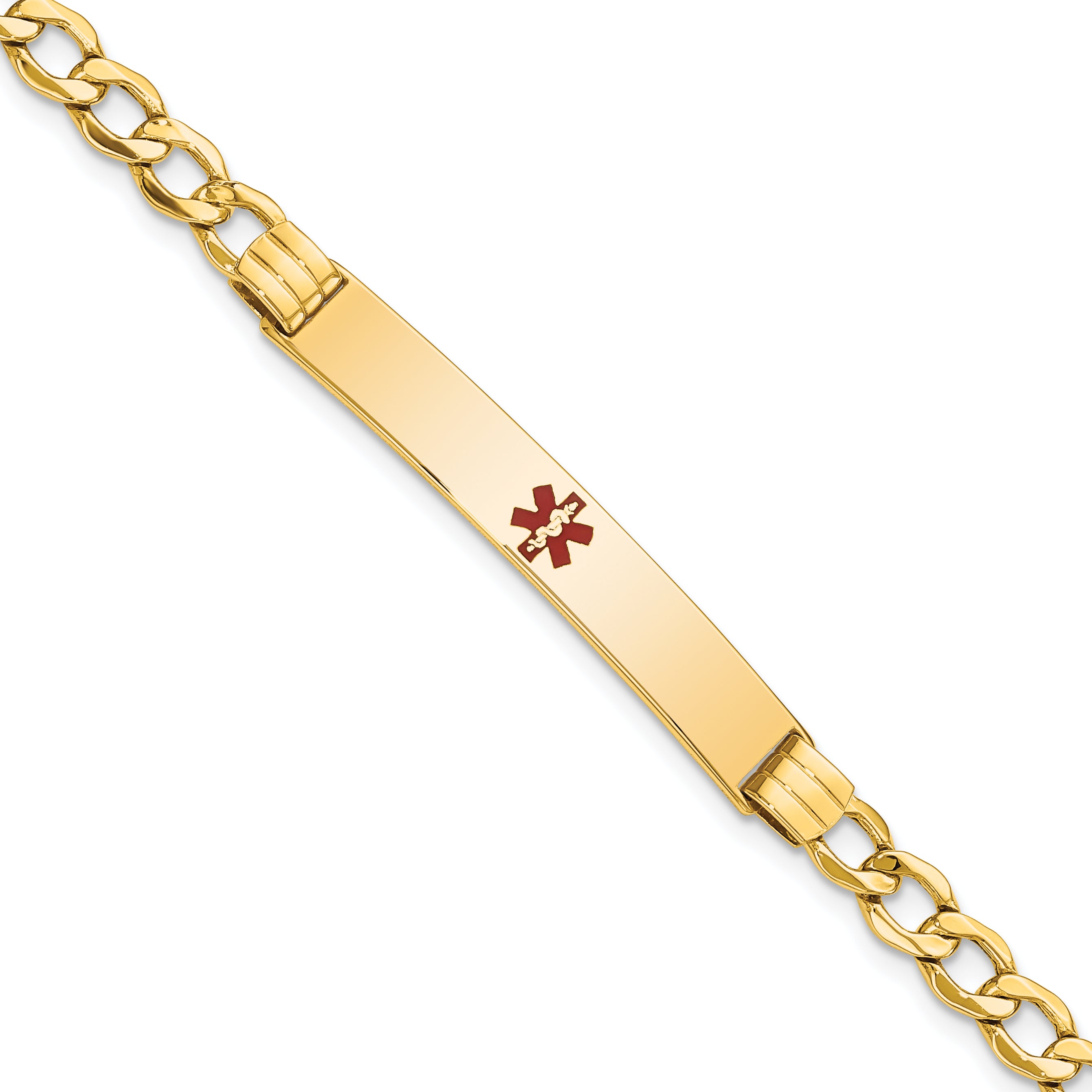 14K Medical Semi-Solid Chain/Solid Plate 37x6mm Centered Red Enamel Cuban Link 7 inch ID Bracelet