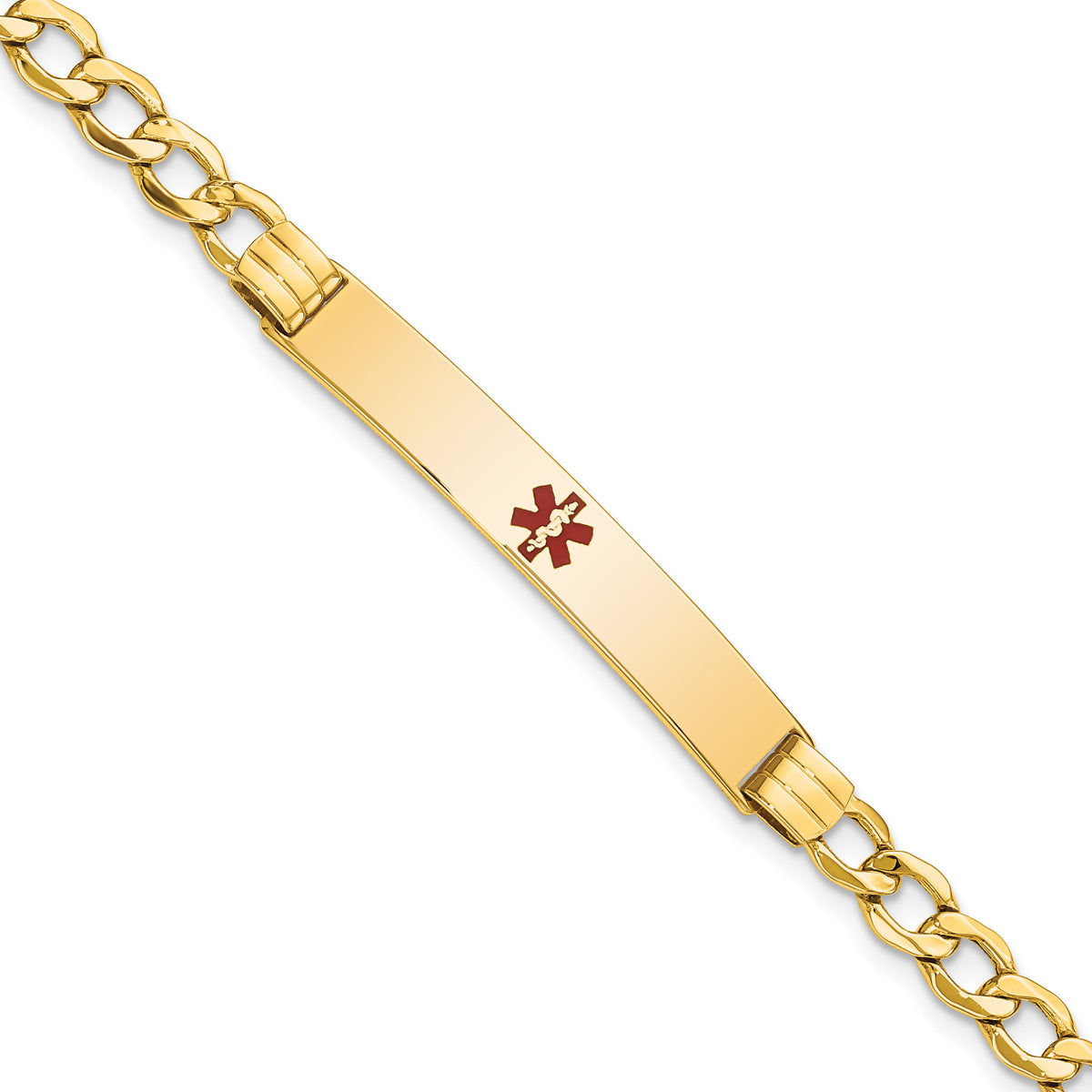 14K Medical Semi-Solid Chain/Solid Plate 37x6mm Centered Red Enamel Cuban Link 7 inch ID Bracelet