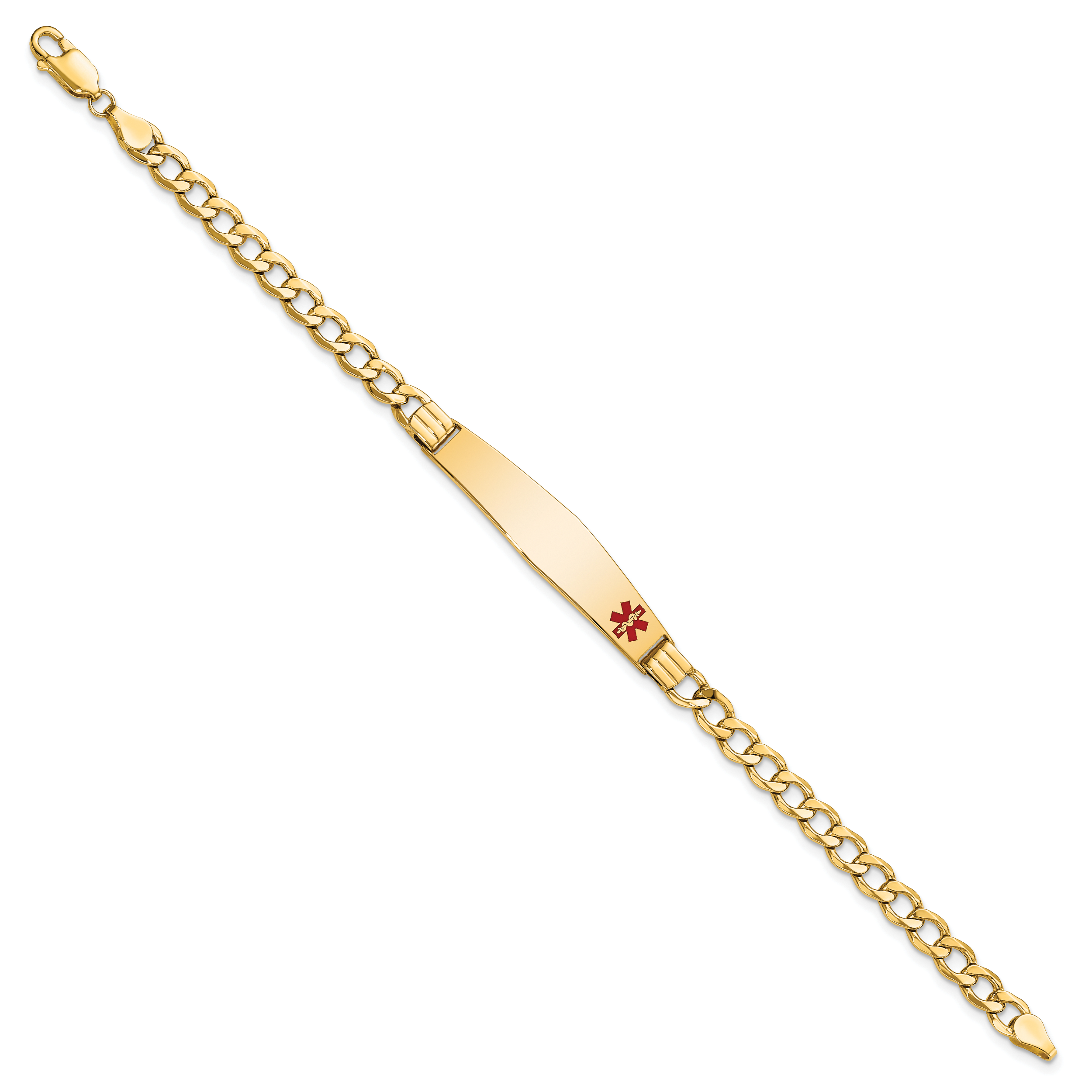 14K Medical Semi-Solid Chain/Solid Plate Soft Diamond Shape 37x9mm Off-Center Red Enamel Cuban Link 8 inch ID Bracelet
