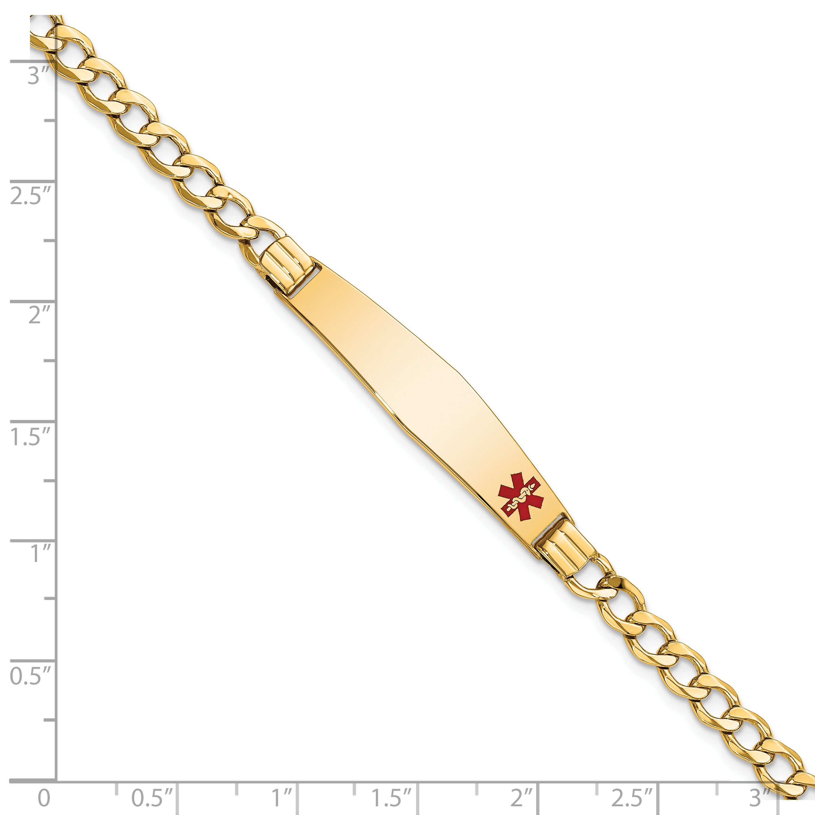 14K Medical Semi-Solid Chain/Solid Plate Soft Diamond Shape 37x9mm Off-Center Red Enamel Cuban Link 7 inch ID Bracelet